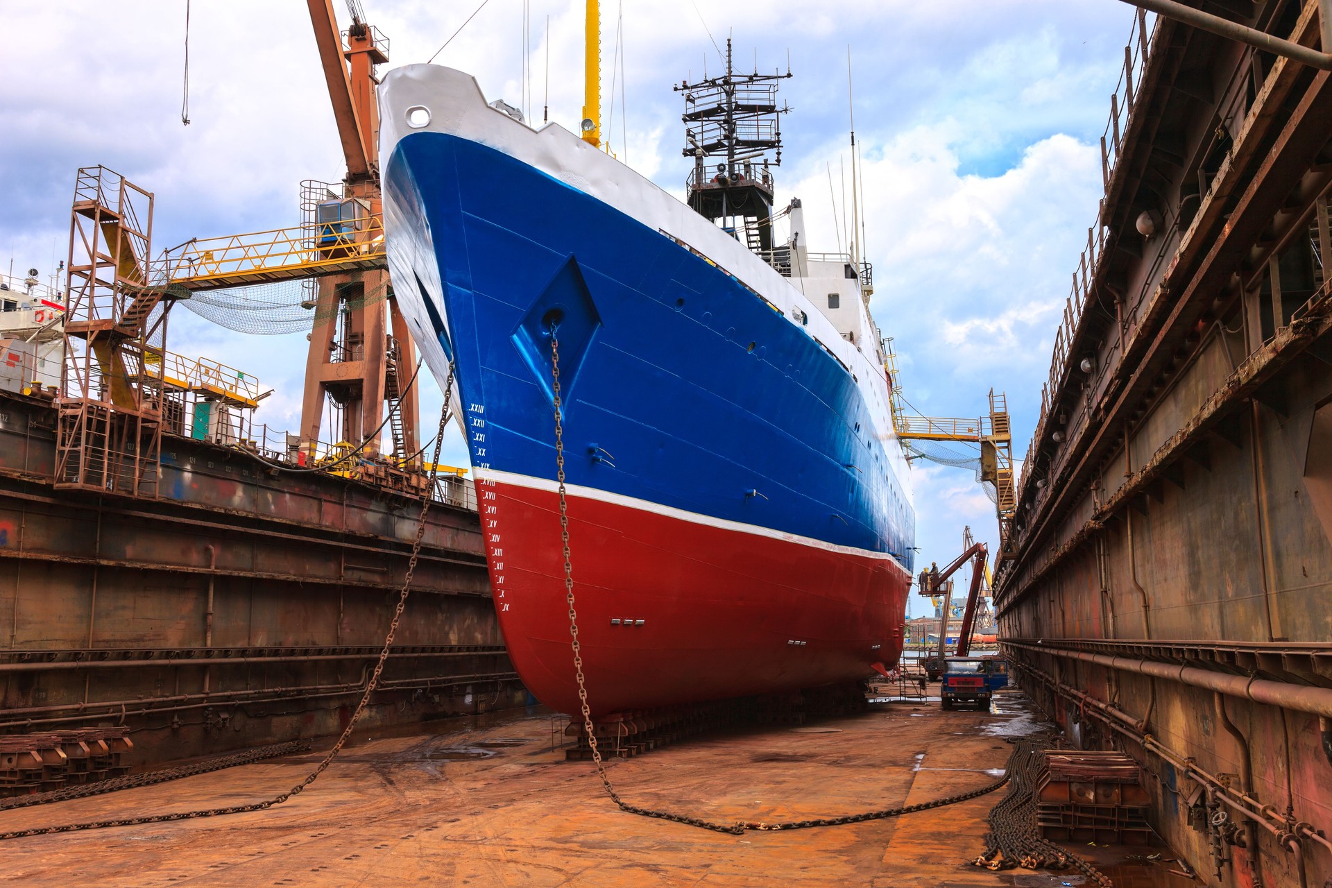 Ship being fixed on a dry dock